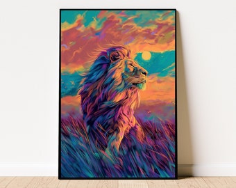 Majestic Lion Sunset Oil Painting Poster, Colorful Animal Poster, Printable Animal Art, Digital Lion Art, Maximalist Lion Poster, Lion Art