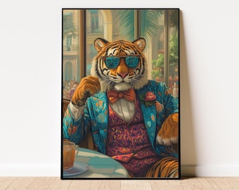Maximalistische tijger poster, esthetische tijger maximalist decor, preppy slaapzaal decor, schattig appartement decor, eclectisch interieur, funky kunst aan de muur