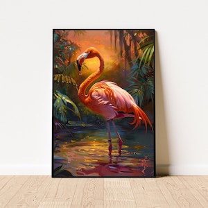 Flamingo Sunset Poster, Oil Painting, Printable Flamingo Wall Art, , Flamingo Print, Tropical Bird Sunset Print, Flamingo Digital Print