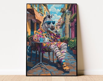 Poster con zebra massimalista, decorazione estetica con zebra massimalista, decorazione per dormitorio preppy, arredamento grazioso per appartamento, arredamento eclettico per la casa, arte murale funky