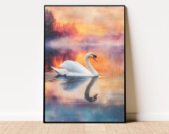 Swan Art Print, Wildlife Art Print, Maximalist Wall Art, Antique Swan Wall Art, Pastel Farmhouse Nursery Painting, White Swan Art Print