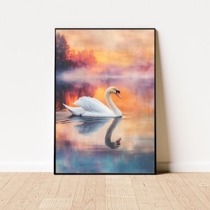 Zwaan Art Print, Wildlife Art Print, maximalistische muurkunst, antieke zwaan kunst aan de muur, pastel boerderij kinderkamer schilderij, witte zwaan Art Print