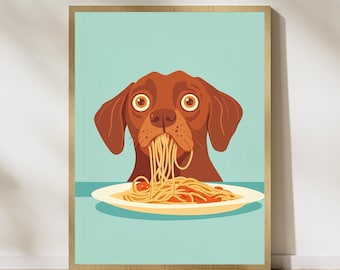 Brown Dog Spaghetti Art Print, Whimsical Dog Kitchen Decor, Brown Dog Pasta Print, Charming Dog Kitchen Print, Maximalist Dog Art, Dog Art
