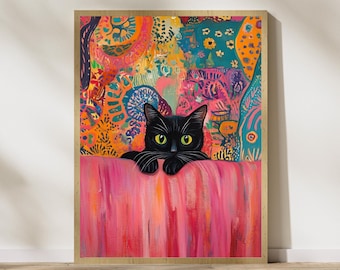 Abstract Black Cat Behind Pink Couch, Colorful Abstract Painting, Dopamine Decor, Eclectic Wall Art, Whimsical Abstract Art, Pink Prints