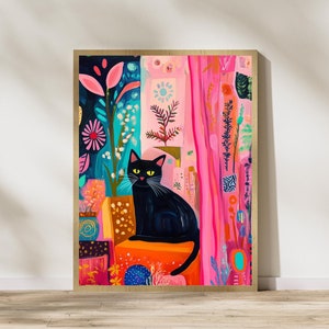 鮮やかな花柄の黒猫のポスター、ピンクとティールのアートプリント、カラフルな黒猫のアート、プレッピーな部屋の装飾、抽象的な黒猫のポスター