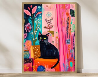 Black Cat with Bright Florals Poster,  Pink and Teal Art Print, Colorful Black Cat Art, Preppy Room Decor, Abstract Black Cat Poster