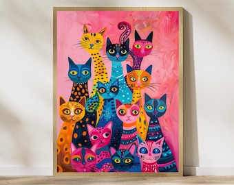 Poster con gatti, decorazioni per la stanza preppy, arte murale massimalista, estetica kitsch rosa, decorazioni dopamine, arte murale stampabile, decorazioni per appartamenti carine e alla moda
