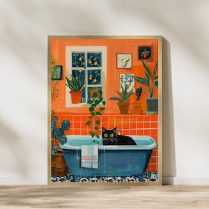Badkat print grappig, oranje schilderij poster, dierlijke muurkunst, digitale muurkunst, badkuip kunst aan de muur, kat in badkamer kunst, maximalistische kattenkunst