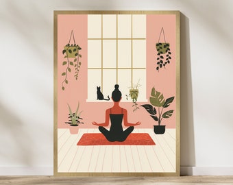 Impresión de gato y mujer haciendo yoga, impresión de gato y yoga, arte de gato negro, decoración de sala de yoga, amante del yoga, impresión artística de meditación de yoga serena, Día Internacional del Gato