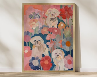 Puede incluir: Una pintura de tres perros blancos con flores rosas, azules y verdes en el fondo.