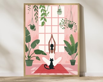 Impresión de gato y mujer haciendo yoga, impresión de gato haciendo yoga, arte de gato negro, decoración de sala de yoga, amante del yoga, impresión artística de meditación de yoga serena, Día Internacional del Gato
