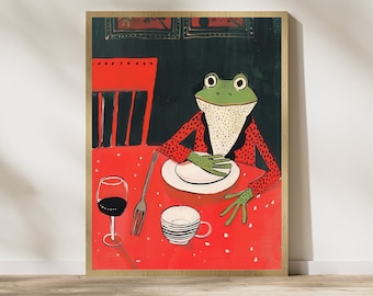 Frog at the Dinner Print, Frog Doing Things, Animal Lover Gift, Funny Frog Poster, Abstract Art, Minimalist Frog Art, Pet Lover Unique Gift