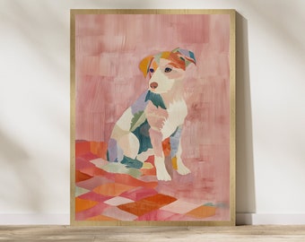 Peut inclure: Une peinture abstraite colorée d'un chien assis sur un tapis à motifs roses et oranges. Le chien est blanc avec des taches vertes, oranges et roses.