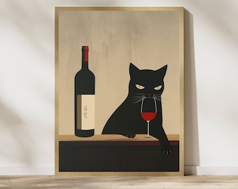 Black Cat Wine Poster, Cat Drinking Wine Art Print, Wine Cat Art
