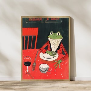 Frosch beim Abendessen Print, Frosch beim Tun, Tier Liebhaber Geschenk, Lustiger Frosch Poster, Abstrakte Kunst, Minimalistische Frosch Kunst, Einzigartiges Geschenk für Tier Liebhaber