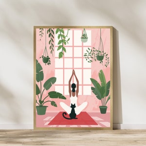 Impresión de gato y mujer haciendo yoga, impresión de gato haciendo yoga, arte de gato negro, decoración de sala de yoga, amante del yoga, impresión artística de meditación de yoga serena, Día Internacional del Gato