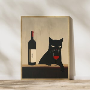 Black Cat Wine Poster, Cat Drinking Wine Art Print, Wine Cat Art Prints, International Cat Day, Cat with Red Wine, Wine Cat illustration