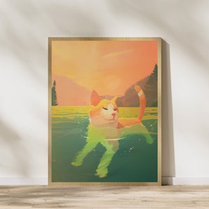 Póster de gato pelirrojo nadando, arte mural colorido de gatos, arte animal único para amantes de los gatos, Día Internacional del Gato, arte felino adorable, póster de gato pelirrojo