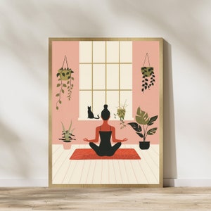 Yoga Katze und Frau Druck, Katzen Yoga Druck, schwarze Katze Kunst, Yoga Raum Dekor, Yoga Liebhaber, Gelassener Yoga Meditation Kunstdruck, Internationaler Katzentag