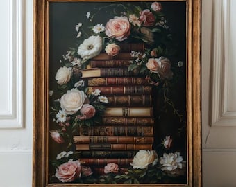 Dark Academia Book Stack Print, Vintage Floral Decor (Digital Download)