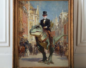 Victorian Gentleman Riding Dinosaur Wall Art, Historical Surrealism Home Decor, Funny Vintage Printable Art, Surrealist Digital Art