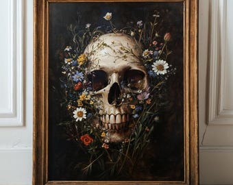 Bloemen schedel kunst aan de muur, gotische botanische schedel print, donkere academische esthetiek, bloemen schedel poster, vintage schedel en bloemen muurkunst