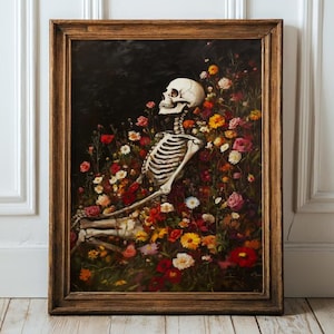 Floral Skull and Skeleton Print – Dark Academia Art, Floral Skeleton Gothic Print, Vintage Skeleton Decor, Digital Download, Dark Academia