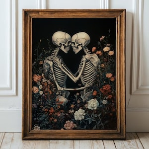 Lámina "Abrazo de Esqueleto Floral" - Arte mural de amor gótico, arte mural de pareja de esqueletos, lámina vintage de romance gótico floral, póster de esqueleto floral