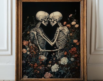 Stampa floreale con scheletro che abbraccia – Arte murale gotica d'amore, Arte murale con coppia di scheletri, Stampa romantica gotica floreale vintage, Poster con scheletro floreale