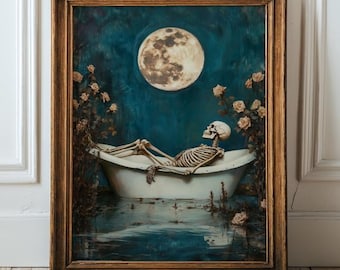 May include: Framed artwork featuring a skeleton relaxing in a bathtub under a full moon. The artwork has a dark teal background with roses and water details. The frame is a warm brown color.