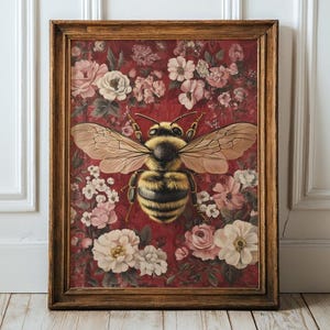 Bee Floral Wall Art Print, Vintage Bee with Flowers, Bumblebee on Flowers Wall Art, Vintage Floral Art Print, Vintage Botanical Print