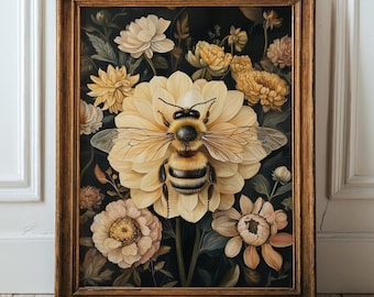 Vintage Bee and Floral Wall Art Print, Dark Botanical Garden Print, Cottagecore Bee Poster, Cottagecore Print, Digital Download, Vintage Bee