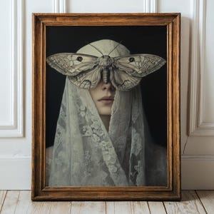 Veiled Woman Moth Art, Gothic Art Witchy Aesthetic, Dark Academia, Occult Poster Gothic Decor, Moody Wall Art, Halloween Art, Dark Romance