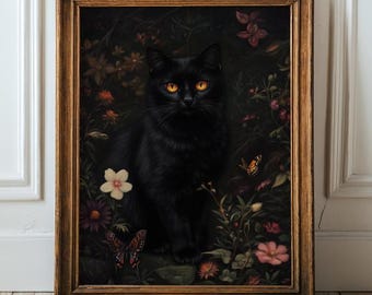 Floral Black Cat Print, Flower Cat Vintage Poster, Dark Academia Printable, Dark Cottagecore Decor, Gothic Oil Painting, Whimsical Black Cat