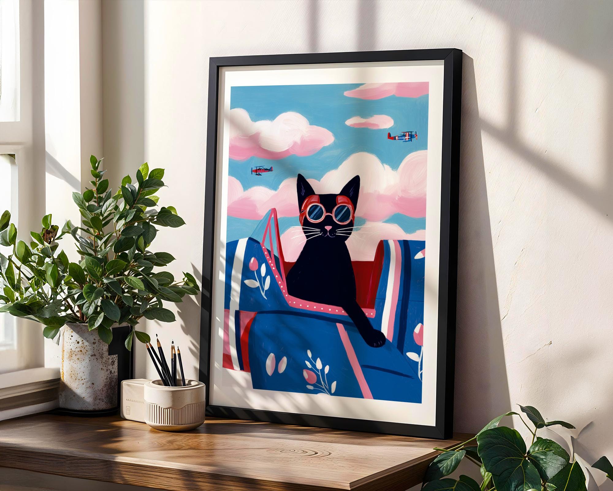 Aviator Cat Wall Art, Vintage Airplane Art, Whimsical Black Cat