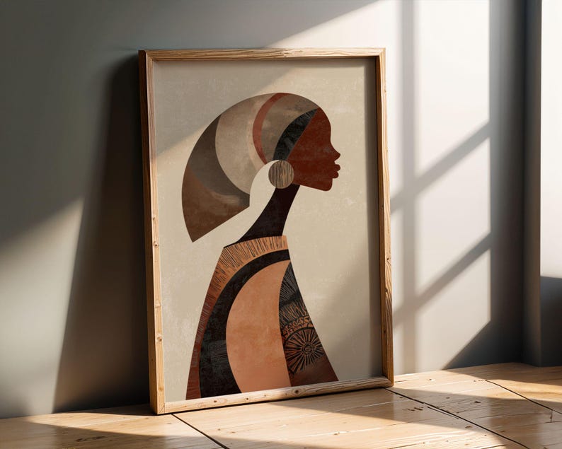 Minimal female profile art print with curved shapes and tribal pattern details
