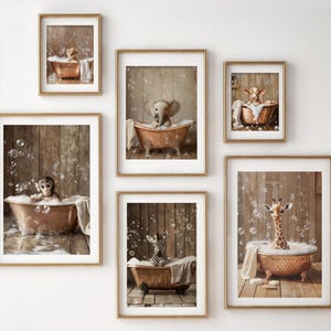 Impresión de animales en la bañera, decoración divertida para la pared del baño, impresiones de animales para la guardería, juego de galería de animales, juego de 6, impresión artística para el baño, bañera de safari