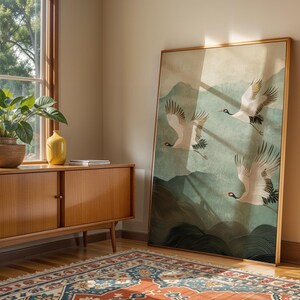 Traditional Japanese crane print with a tranquil nature scene