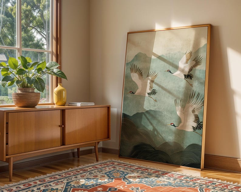 Traditional Japanese crane print with a tranquil nature scene