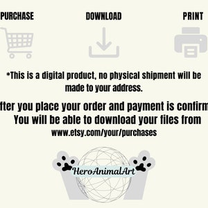 May include: A digital product purchase guide with icons for purchase, download, and print. The text reads "This is a digital product, no physical shipment will be made to your address. After you place your order and payment is confirmed You will be able to download your files from www.etsy.com/your/purchases" and the logo "HeroAnimalArt" is at the bottom.