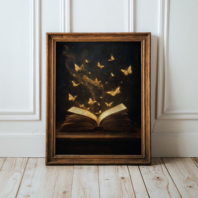 Magical Book with Golden Butterflies Wall Art, Fantasy Dark Academia Print, Enchanted Literary Poster for Library or Reading Nook Decor