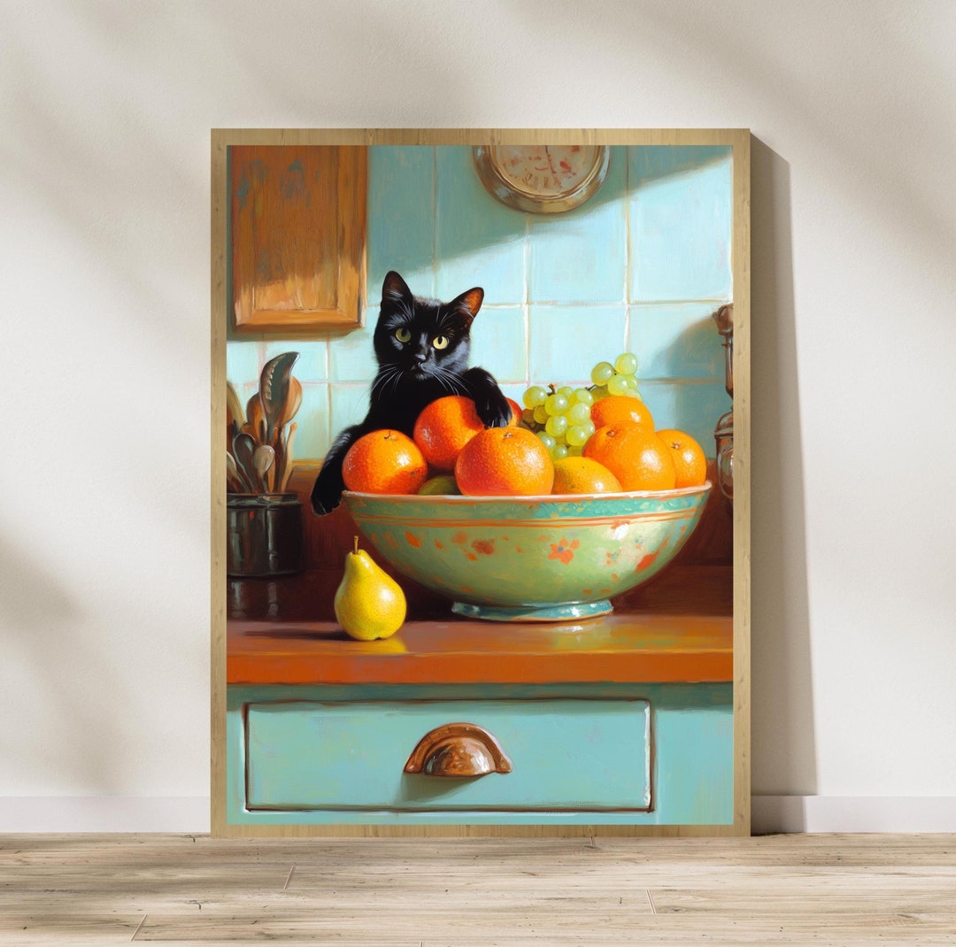 Black Cat With Fruit Bowl Painting, Playful Kitchen Wall Art, Orange