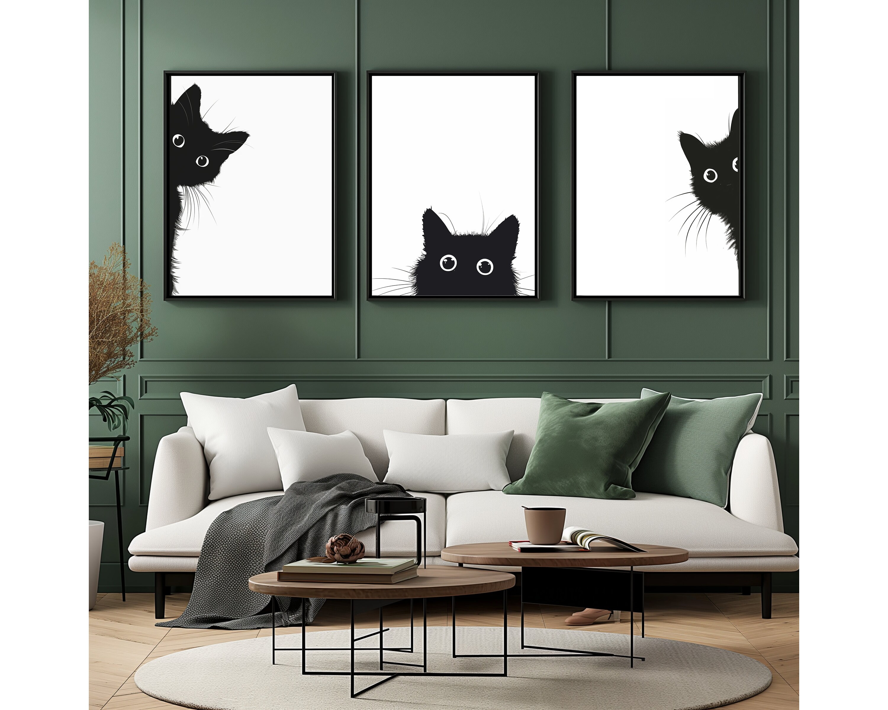 peeking black cat poster, cute cat print, home decor,... Set of 3 Peeking Black Cat Print Wall Art Poster, Black and White Cat ...
