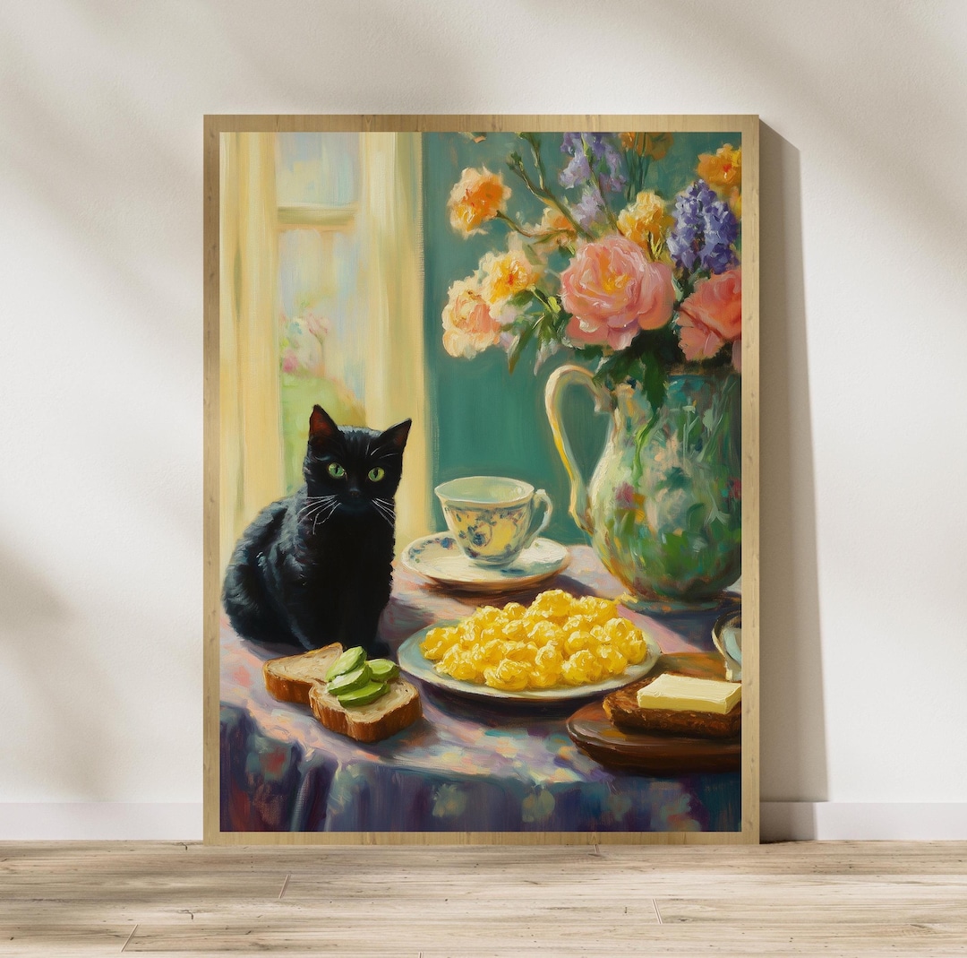 black cat chef art print: boho kitchen cooking poster... Vintage Kitchen Art, Black Cat Oil Painting, Maximalist Kitchen Decor ...
