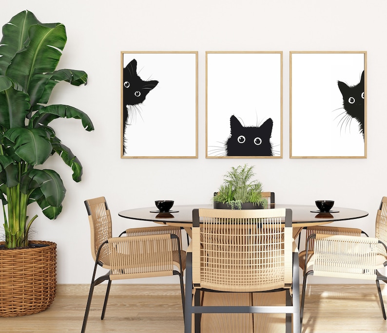 Set of 3 Peeking Black Cat Print Wall Art Poster, Black and White Cat ...