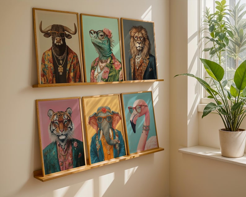 Funky Fashion Animal Print Set, Dopamine Aesthetic, Maximalist Decor, Pink Yellow Lion Tiger Painting, Preppy Print, Art Digital Download image 5
