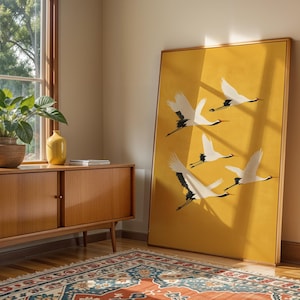 Flying cranes artwork, perfect for modern, minimalist, and Asian-inspired interiors.