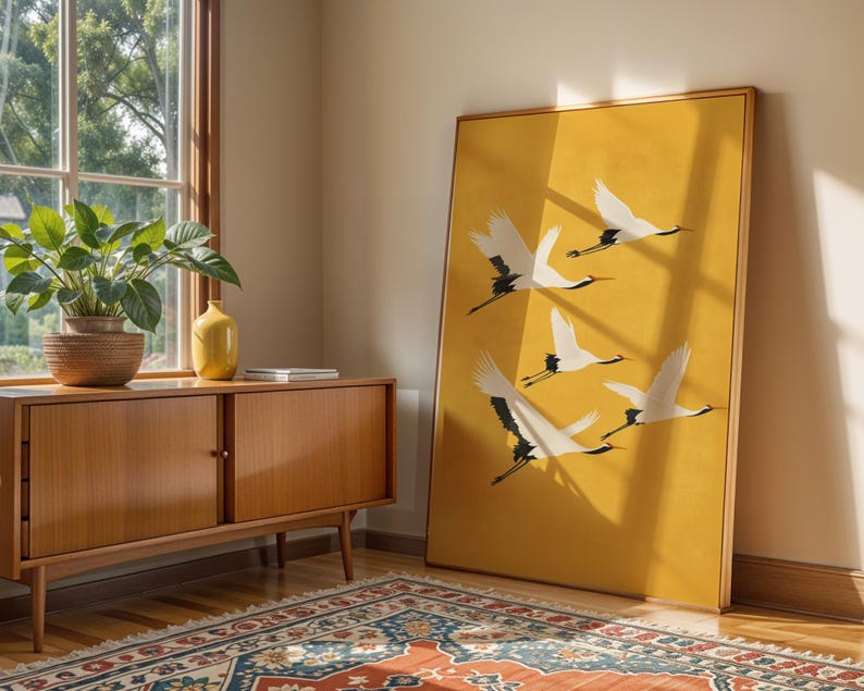 Flying cranes artwork, perfect for modern, minimalist, and Asian-inspired interiors.