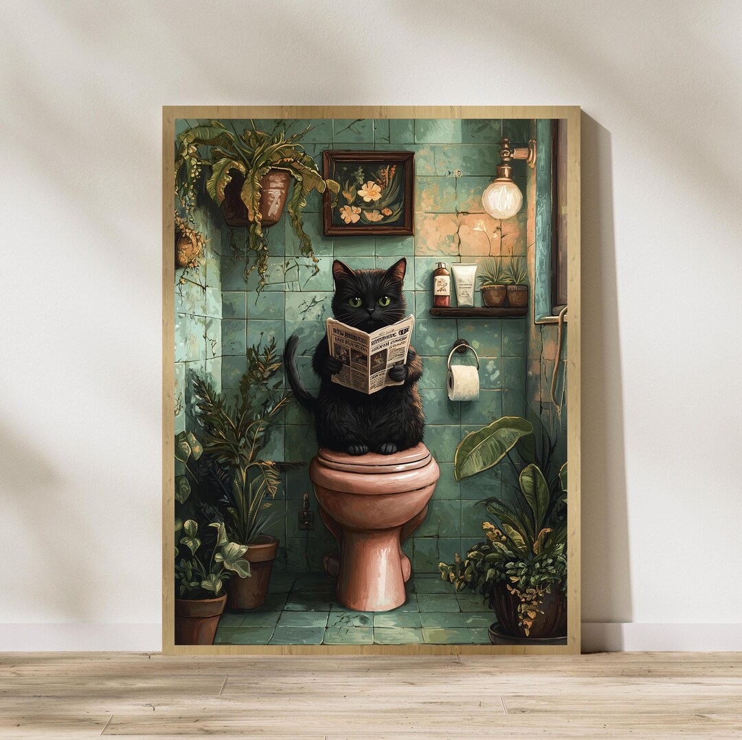 Vintage Black Cat Bathroom Wall Art, Toilet Fun Wall Art, Funny Black ...