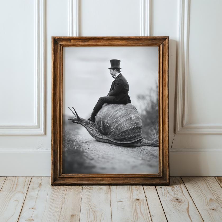 Victorian Gentleman on Giant Snail Wall Art, Surrealist Black and White Fantasy Wall Art, Weird Whimsical Art, Monochrome Surreal Decor